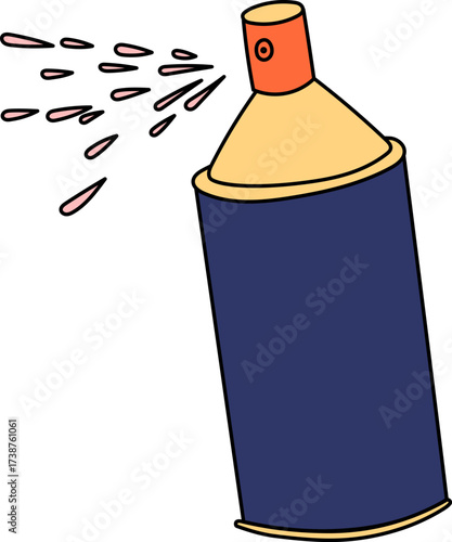 Cartoon spray can dispensing pink liquid droplets