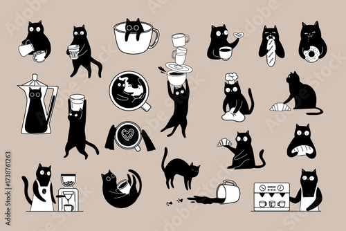Cats with coffee and baked goods