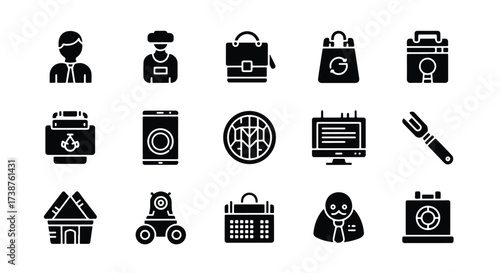 Collection of diverse silhouetted icons representing various professions and objects  - Basic icon for website design, logo, app, template, ui, infographic