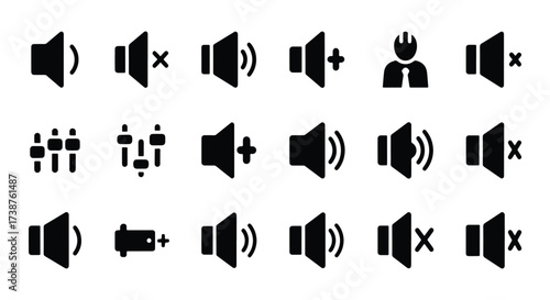 Collection of sound speaker volume icons with different settings including mute increase decrease and user  - Basic icon for website design, logo, app, template, ui, infographic