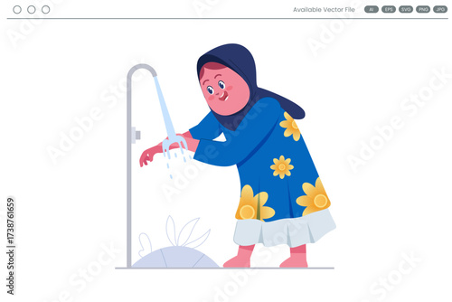 Child washing hands under a faucet with water