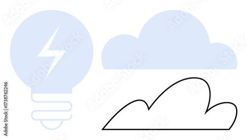 Light bulb with a lightning bolt inside and two cloud shapes. Ideal for energy, creativity, technology, innovation, cloud computing, sustainability, brainstorming. Simple flat metaphor