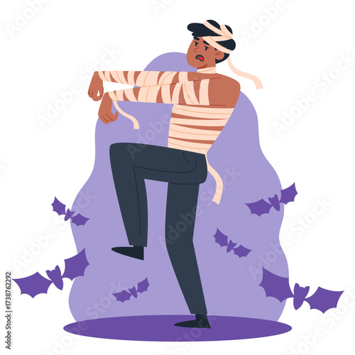 Cartoon mummy man in bandages with bats on purple background