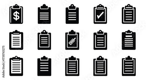 Collection of clipboard icons representing tasks notes documents lists and financial records  - Basic icon for website design, logo, app, template, ui, infographic
