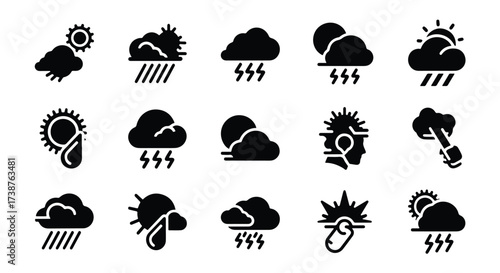 Collection of weather icons showing sun clouds rain lightning snow and stormy conditions  - Basic icon for website design, logo, app, template, ui, infographic