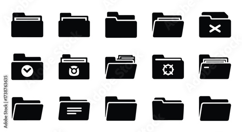 Set of black folder icons with various symbols for digital organization and file management  - Basic icon for website design, logo, app, template, ui, infographic