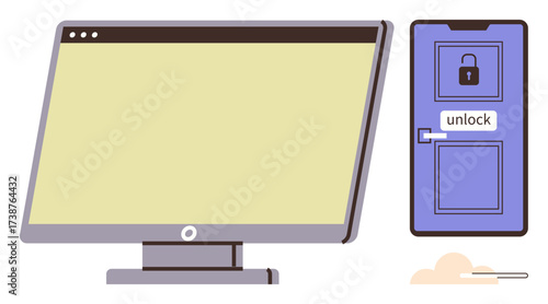 Desktop monitor and locked door with unlock symbol, representing security access, privacy, login, data protection, safety, authentication, and technology invention. Ideal for metaphors in digital