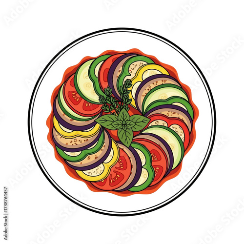 Flat Design French Ratatouille Plate, Vector Illustration with Bold Outlines, Isolated on White Background