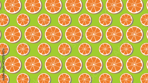 Bright, seamless vector pattern featuring repeating slices of orange and citrus fruits on a vibrant lime green background. Perfect for packaging, food themes, summer concepts, and textile design