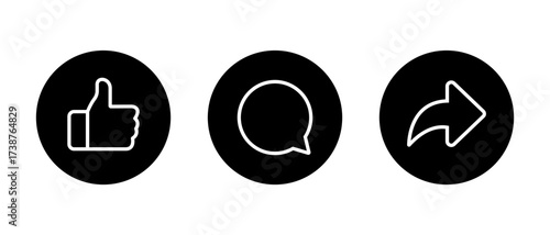 Like, comment, and share icon. Social media activity and feedback symbol in black circle