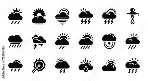 Collection of diverse weather icons representing rain snow sun clouds and storms  - Basic icon for website design, logo, app, template, ui, infographic