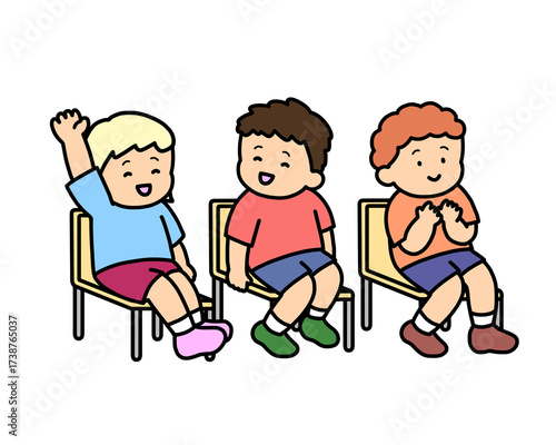 授業を聞く子供たち　机なし　3人
