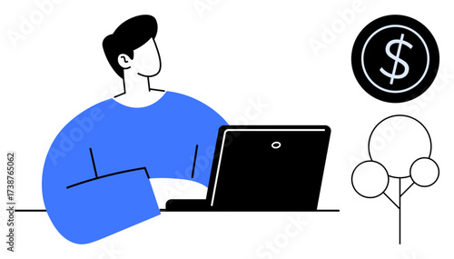 Person engages with laptop, symbolizing work or online tasks, accompanied by dollar icon and minimalistic tree. Ideal for remote work, finance, freelancing, technology, business, economy