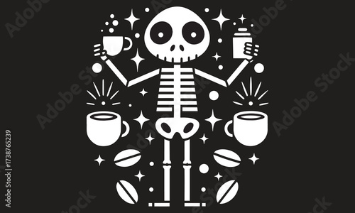 Cute Skeleton Coffee Art | Funny Halloween Coffee Skeleton Design | Spooky Caffeine Addict Illustration