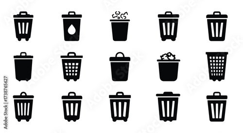 Collection of various trash can icons for waste disposal and recycling design elements  - Basic icon for website design, logo, app, template, ui, infographic