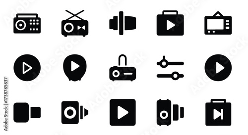 Set of 15 multimedia icons audio video play record pause control symbols  - Basic icon for website design, logo, app, template, ui, infographic