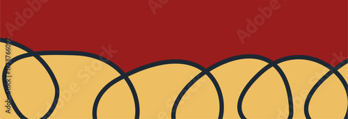 Vector banner background featuring a thick, hand-drawn, black spiral line dividing two color blocks (maroon and mustard yellow). Ideal for headers, footers, website separators, and abstract background
