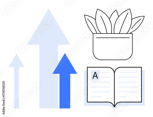 Open book with text, plant in a pot, and upward arrows representing knowledge, growth, nature, and development. Ideal for education, sustainability, learning progress innovation self-improvement