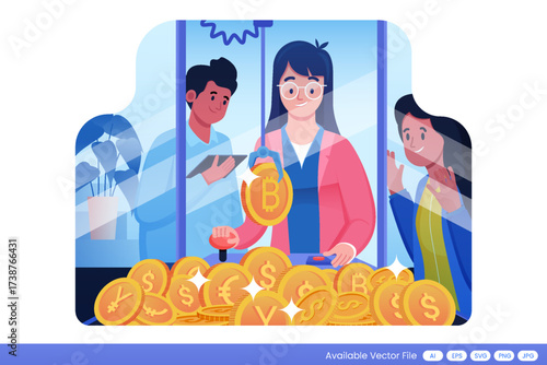 Claw machine with bitcoin and currency coins people playing