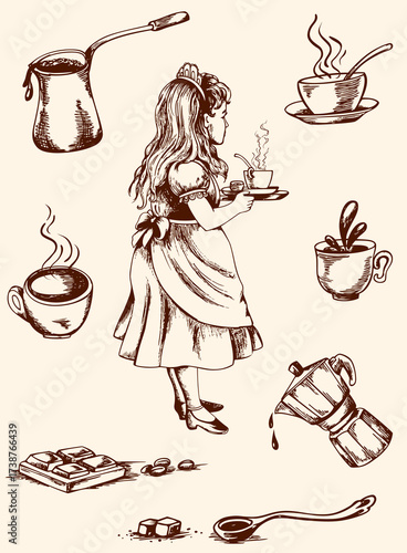 Coffeethemed illustration of a girl serving coffee