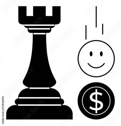 Chess rook, smiling face, and dollar coin symbolize planning, success, growth, money, investment, happiness. Ideal for business finance strategy motivation decisions leadership simple flat