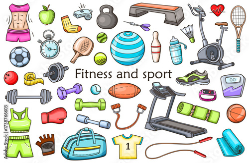 Collection of fitness and sports equipment clothing and accessories
