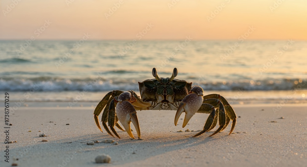 Obraz premium Crab at Beach: A captivating close-up unveils a solitary crab basking in the tranquil embrace of a sandy beach, overlooking the gentle waves. Capture the beauty of marine life.