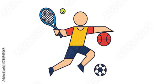 Illustration of a person playing various sports with a tennis racket, basketball, soccer ball, and tennis ball.