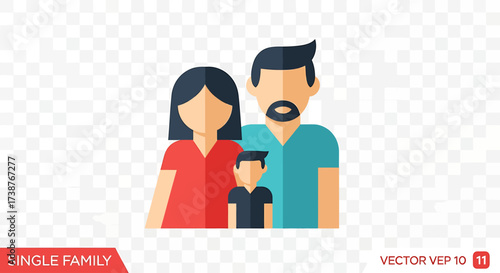 Vector icon of a nuclear family with a mother, father, and son in a modern flat design style.