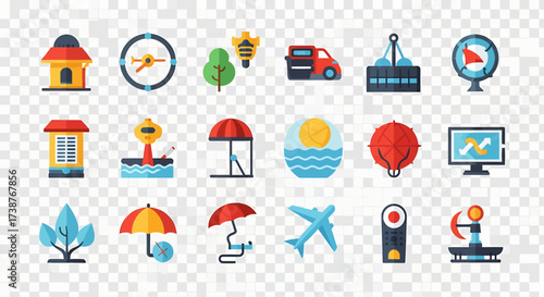 A diverse collection of colorful flat design icons representing travel, business, and leisure on a transparent background.