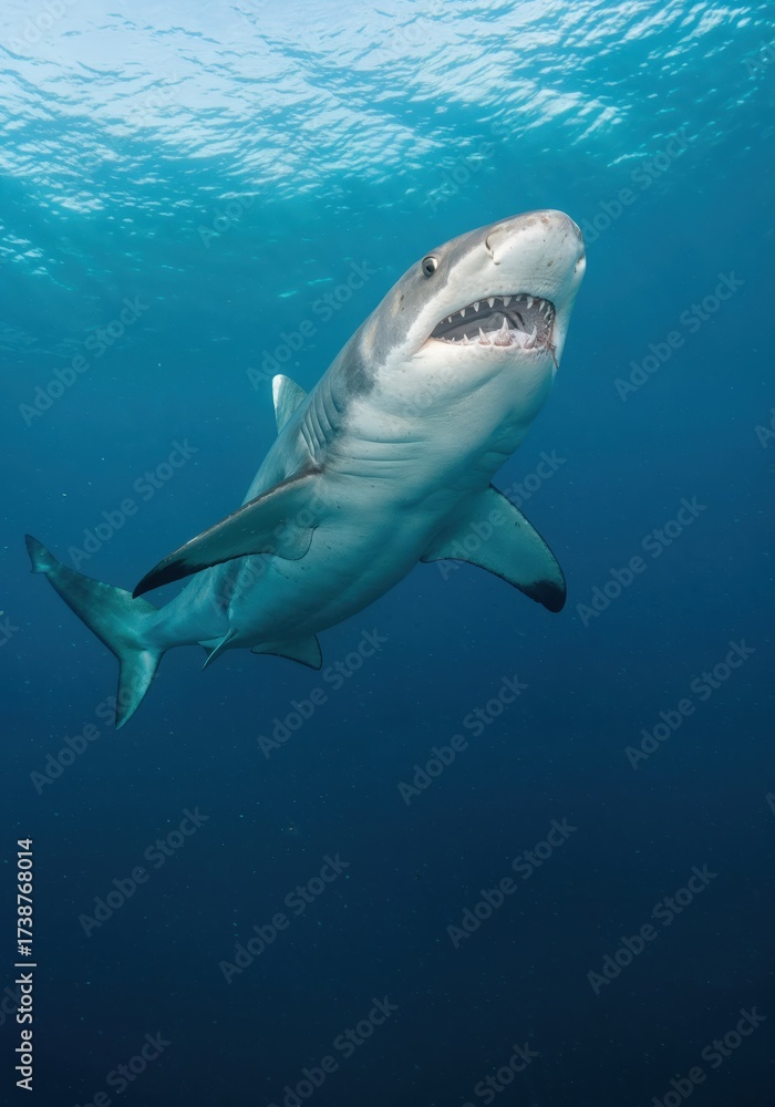Fototapeta premium Oceanic Majesty: A great white shark glides gracefully through the deep blue ocean waters, showcasing its powerful form and mesmerizing presence, inspiring awe and respect for marine life.