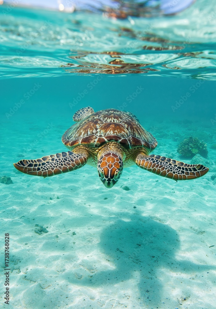 Obraz premium Sea Turtle's Aquatic Serenity: A majestic sea turtle glides gracefully through the crystal-clear water, creating a serene image of marine life in its natural habitat.