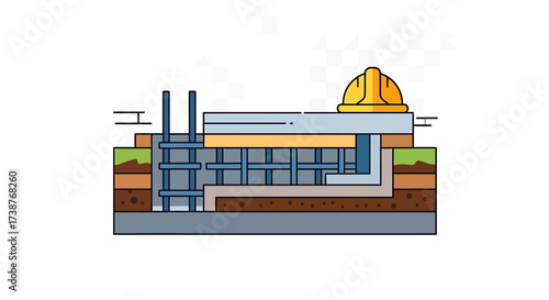 Detailed cross-section of a building foundation showing concrete, rebar, soil layers, and a construction hard hat.