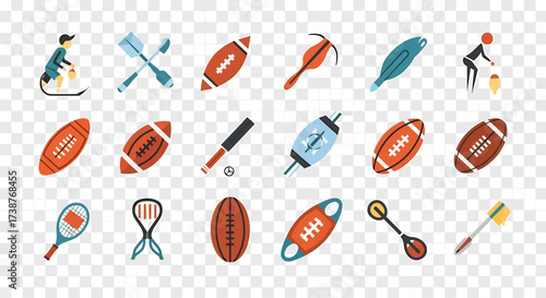 Collection of various sports equipment and related items, including balls and tools.