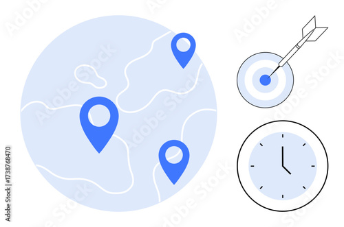 Map with marked pins, target with dart in center, analog clock. Ideal for location tracking, planning, precision, travel, goals time management global strategy. Simple flat metaphor
