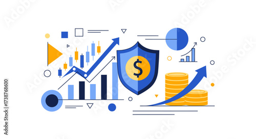 Modern flat illustration of financial security, investment growth, and stock market analysis with charts and graphs.