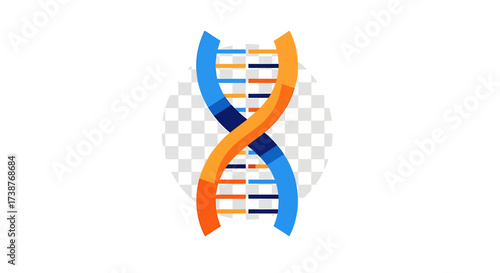 A stylized graphic illustration of a DNA double helix molecule with blue and orange strands.
