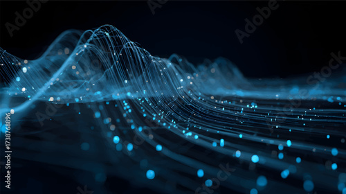 Abstract digital waves with glowing blue lines and particles on black background