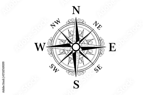 Black Vector Silhouette: Stylized Compass Rose with Cardinal Points	