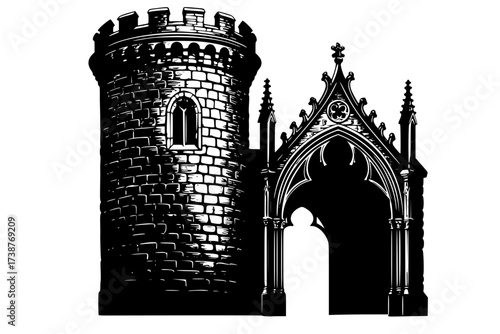 Black Vector Silhouette: Detailed Medieval Castle Turret and Arch	