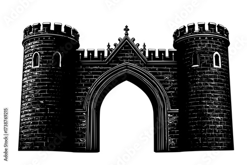 Black Vector Silhouette: Detailed Medieval Castle Turret and Arch	
