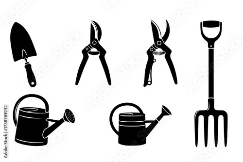 Black Vector Silhouette: Set of Essential Gardening Tools	