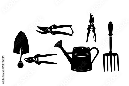 Black Vector Silhouette: Set of Essential Gardening Tools	