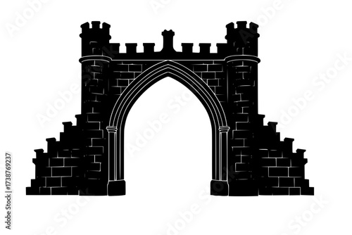Black Vector Silhouette: Detailed Medieval Castle Turret and Arch	