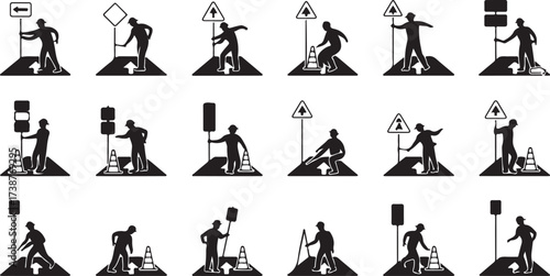 Silhouettes of road workers directing traffic and placing cones vector illustration