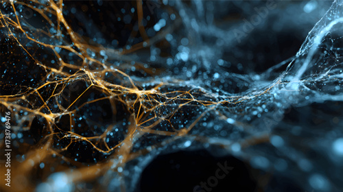 Futuristic vibrant abstract digital network background with radial burst of light and energy emanating. Blue, purple, and orange light beams radiate and glowing particles effects. 3D illustration