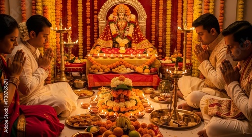 Wallpaper Mural Men and women celebrate Diwali festival. Hindu family praying to Lakshmi idol with offerings. Traditional cultural ceremony for harvest and new beginning. Torontodigital.ca