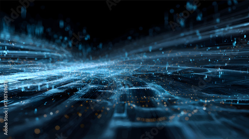 Futuristic vibrant abstract digital network background with radial burst of light and energy emanating. Blue, purple, and orange light beams radiate and glowing particles effects. 3D illustration