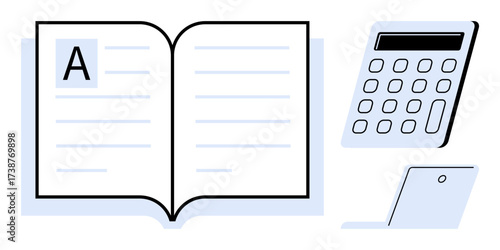 Open book with lines and letter A, calculator, and tilted laptop. Ideal for education, learning, accounting, finance, productivity writing study. Simple flat metaphor