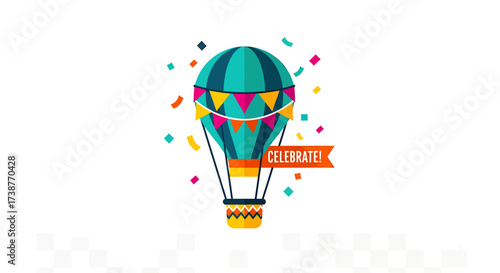 A colorful hot air balloon with a 'Celebrate!' banner, surrounded by festive confetti on a white background.